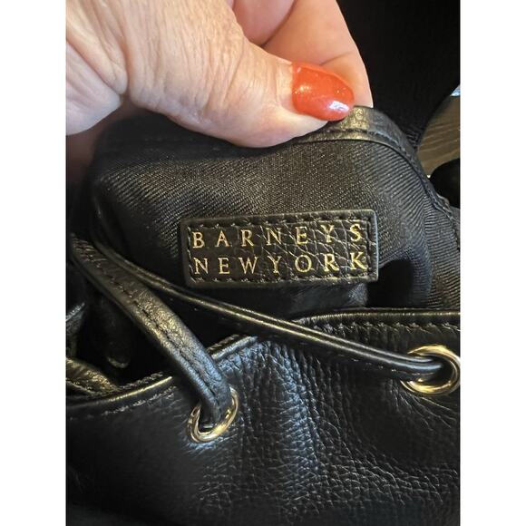 Barneys New York Black Leather Backpack Drawstring Flap Gold Hardware Lettering - Picture 15 of 16